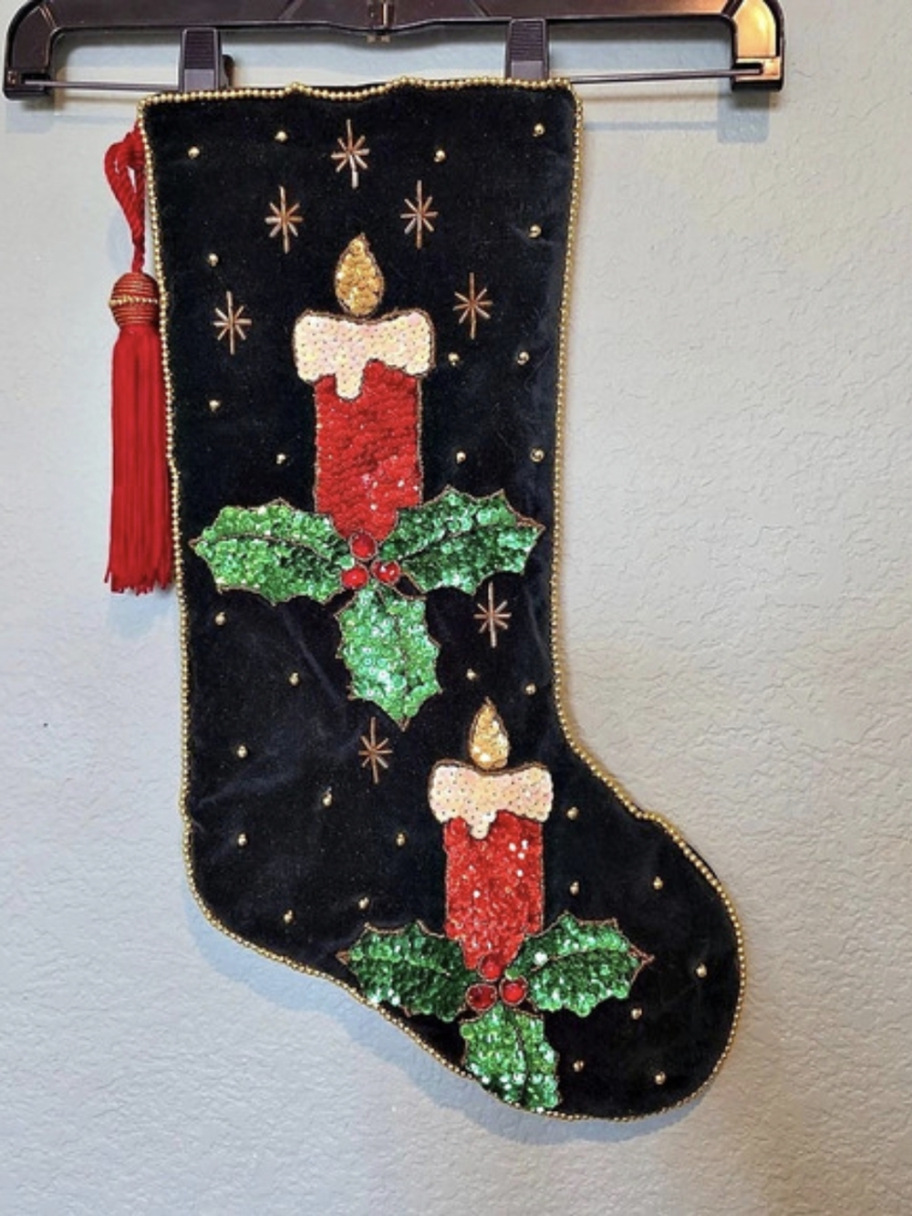 Vtg Dark Green Velvet Sequin Candle Holly Beaded Star Christmas Stocking